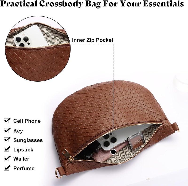 Dealkion Woven Crossbody Bags for Women Leather Belt Bum Sling Purse Fanny Waist Pack Chest Shoulder Bag for Women-Dark Brown - Image 5
